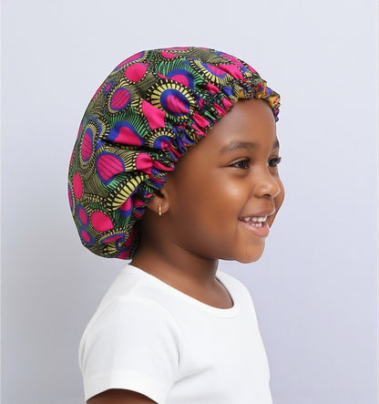 Kids Adjustable Satin Silk Bonnet Cap – Double-Layered Ankara Sleep Cap (Ages 1–5) - Fatisha Boutique #