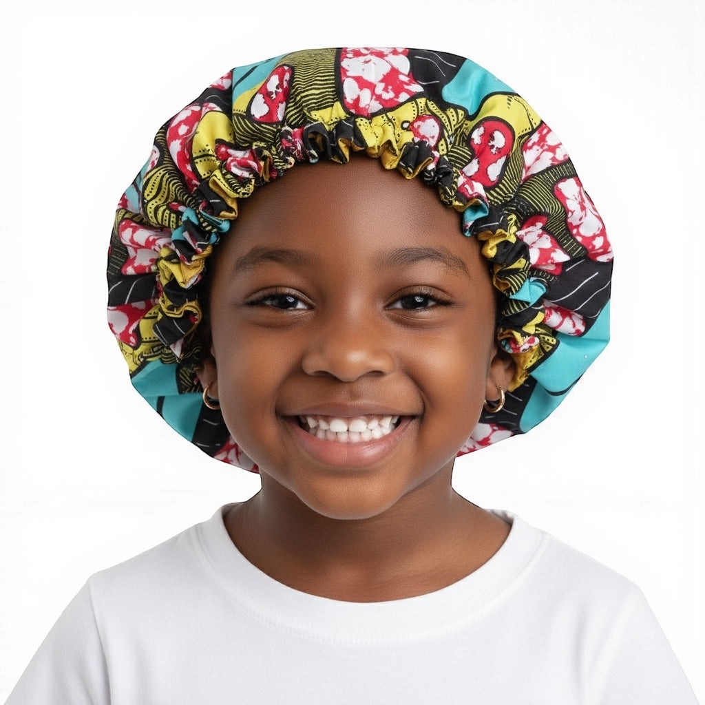 Kids Adjustable Satin Silk Bonnet Cap – Double-Layered Ankara Sleep Cap (Ages 1–5) - Fatisha Boutique #