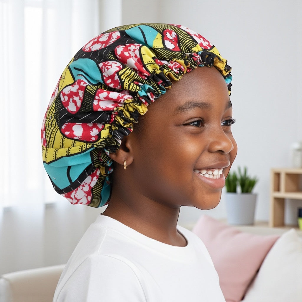 African Ankara Print Satin Night Sleep Cap For Kids | Girls Hair Bonnet Hat (Red)