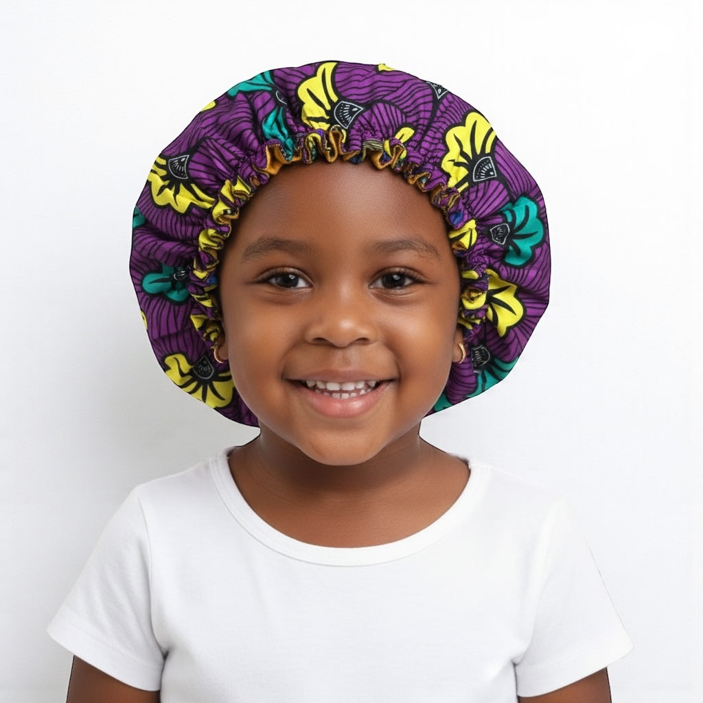 Kids Adjustable Satin Silk Bonnet Cap – Double-Layered Ankara Sleep Cap (Ages 1–5) - Fatisha Boutique #