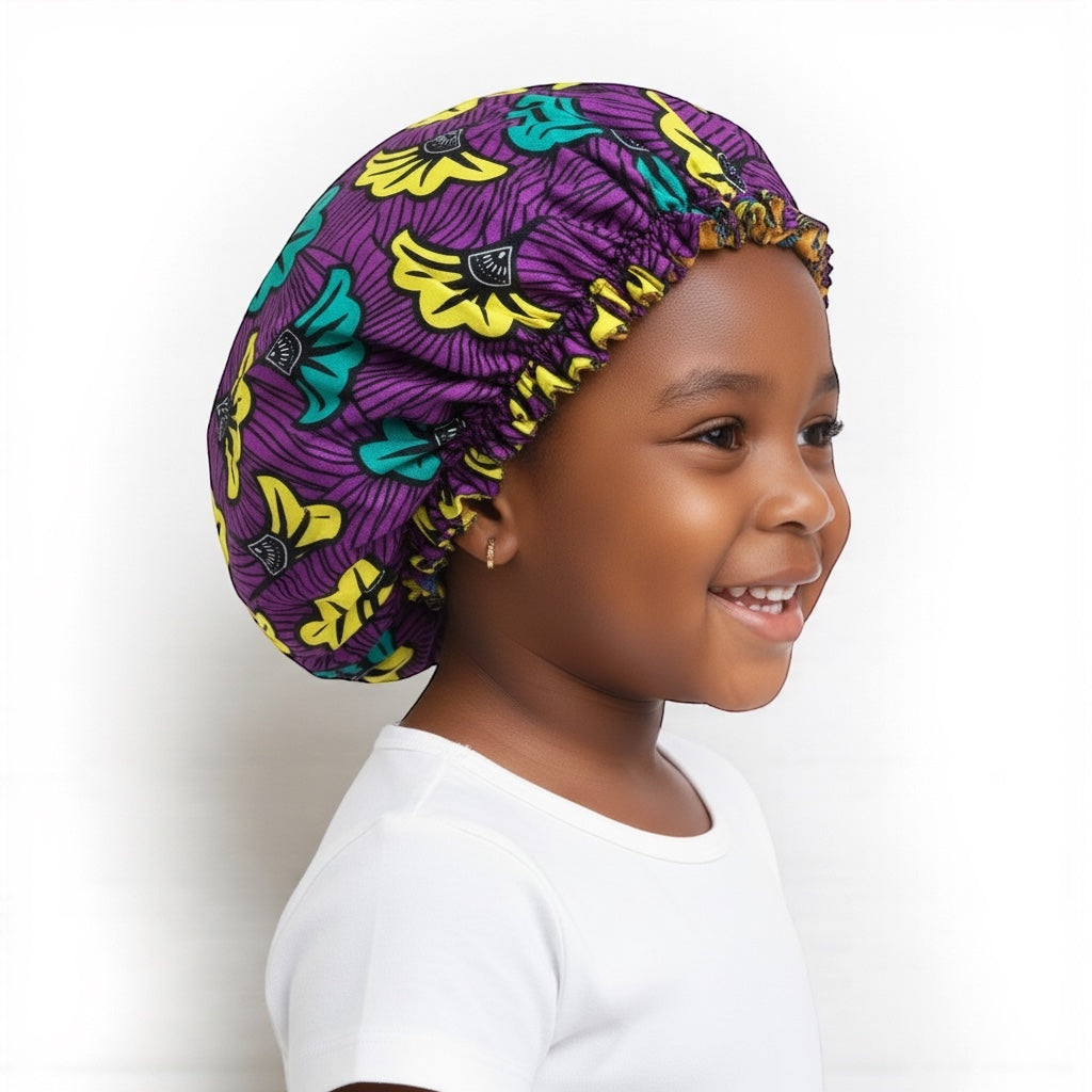 Kids Adjustable Satin Silk Bonnet Cap – Double-Layered Ankara Sleep Cap (Ages 1–5) - Fatisha Boutique #