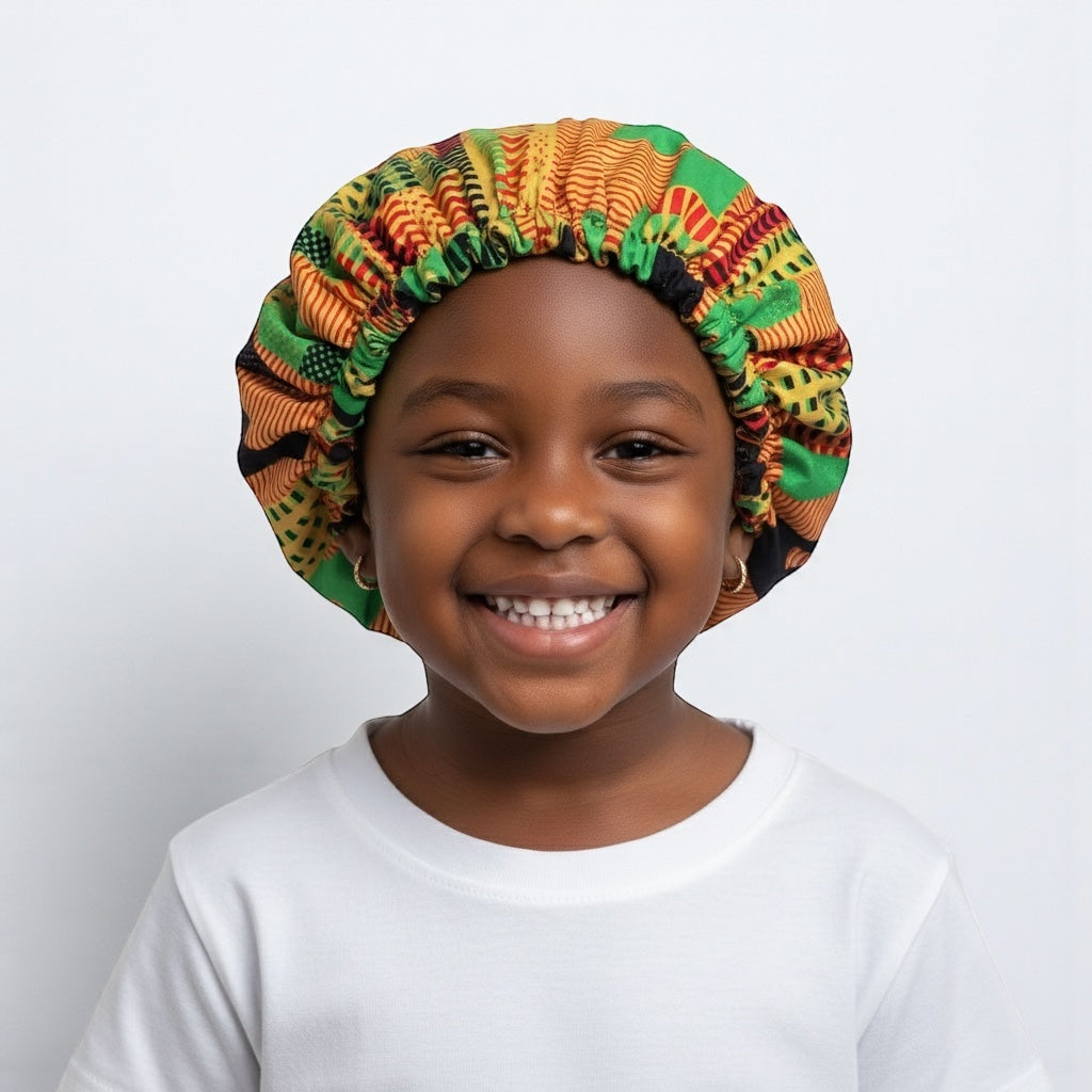 Kids Adjustable Satin Silk Bonnet Cap – Double-Layered Ankara Sleep Cap (Ages 1–5) - Fatisha Boutique #