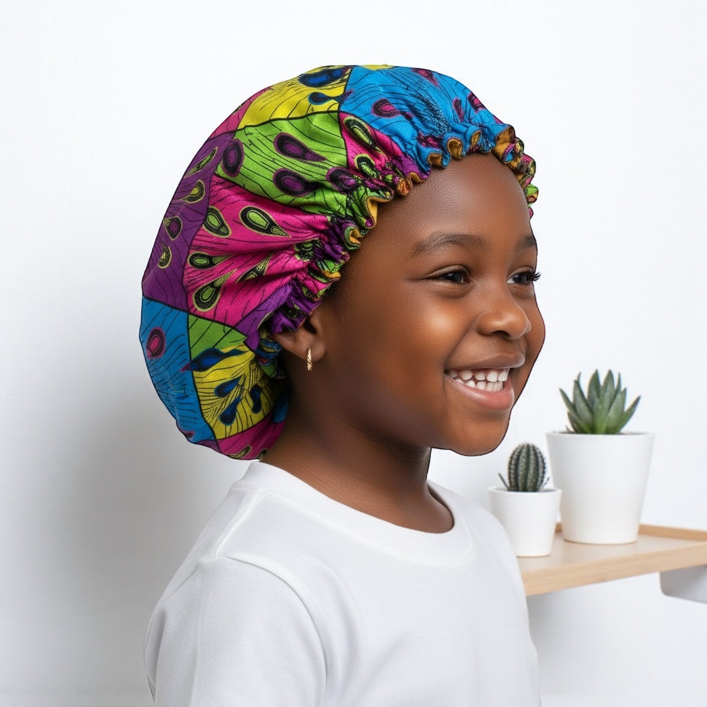 Kids Adjustable Satin Silk Bonnet Cap – Double-Layered Ankara Sleep Cap (Ages 1–5) - Fatisha Boutique #