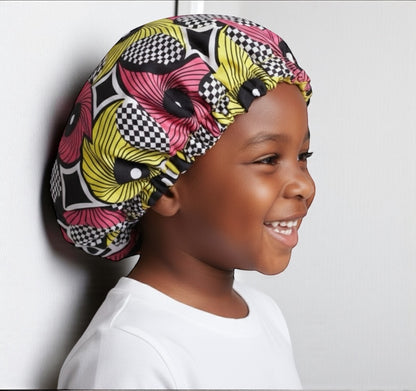 Kids Reversible Satin Silk Bonnet – Ankara Print Sleep Cap (Ages 1–5) - Fatisha Boutique #