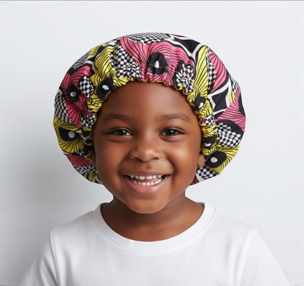 Kids Reversible Satin Silk Bonnet – Ankara Print Sleep Cap (Ages 1–5) - Fatisha Boutique #