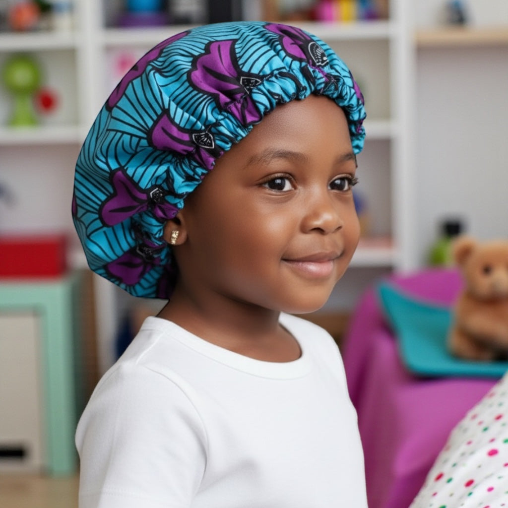 Kids Reversible Satin Silk Bonnet – Ankara Print Sleep Cap (Ages 1–5) - Fatisha Boutique #