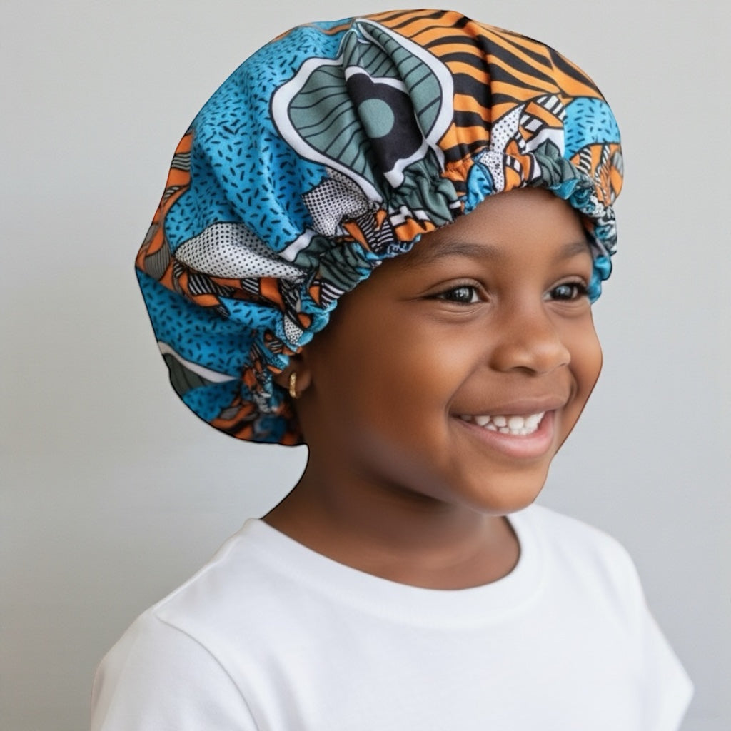 Kids Reversible Satin Silk Bonnet – Ankara Print Sleep Cap (Ages 1–5) - Fatisha Boutique #