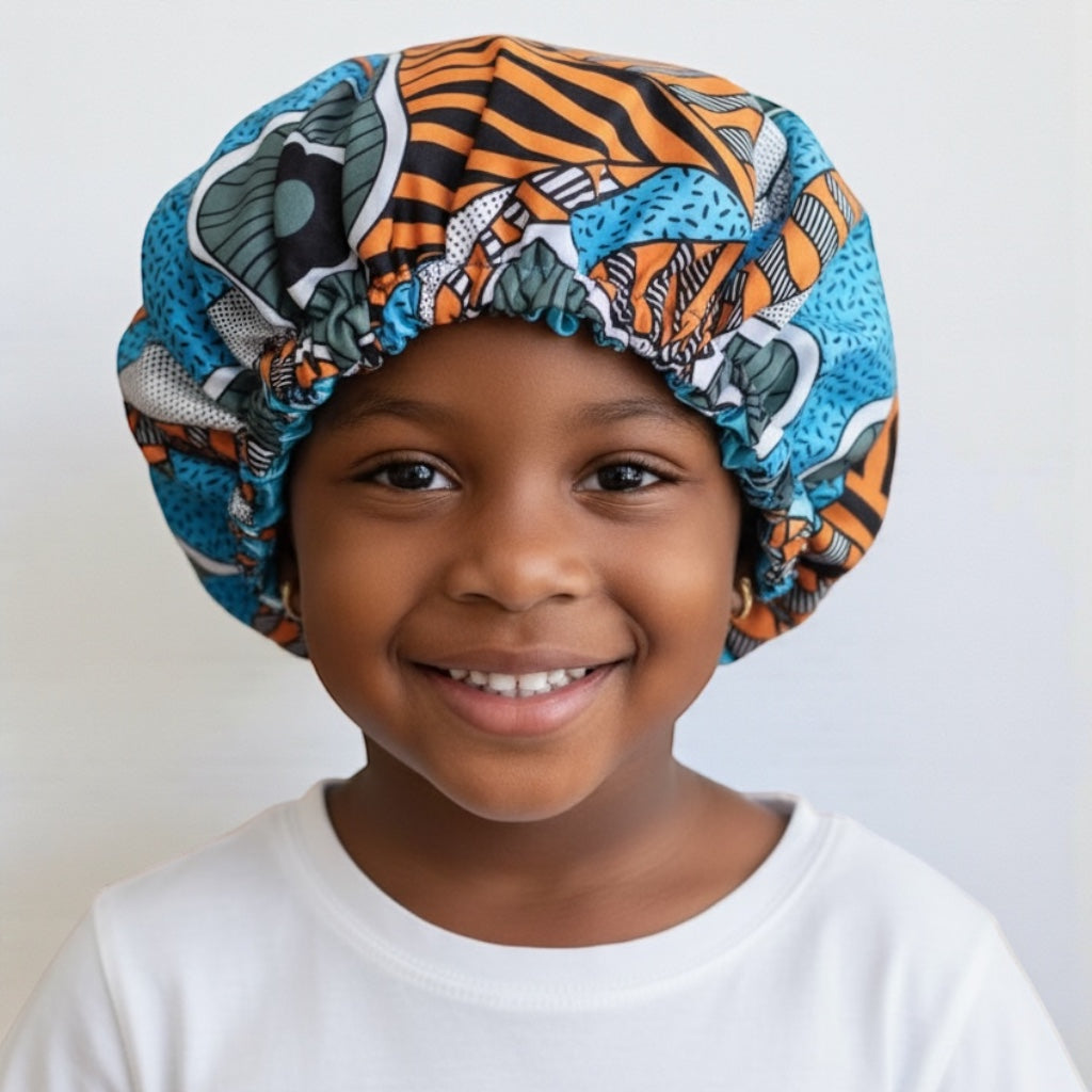 Kids Reversible Satin Silk Bonnet – Ankara Print Sleep Cap (Ages 1–5) - Fatisha Boutique #