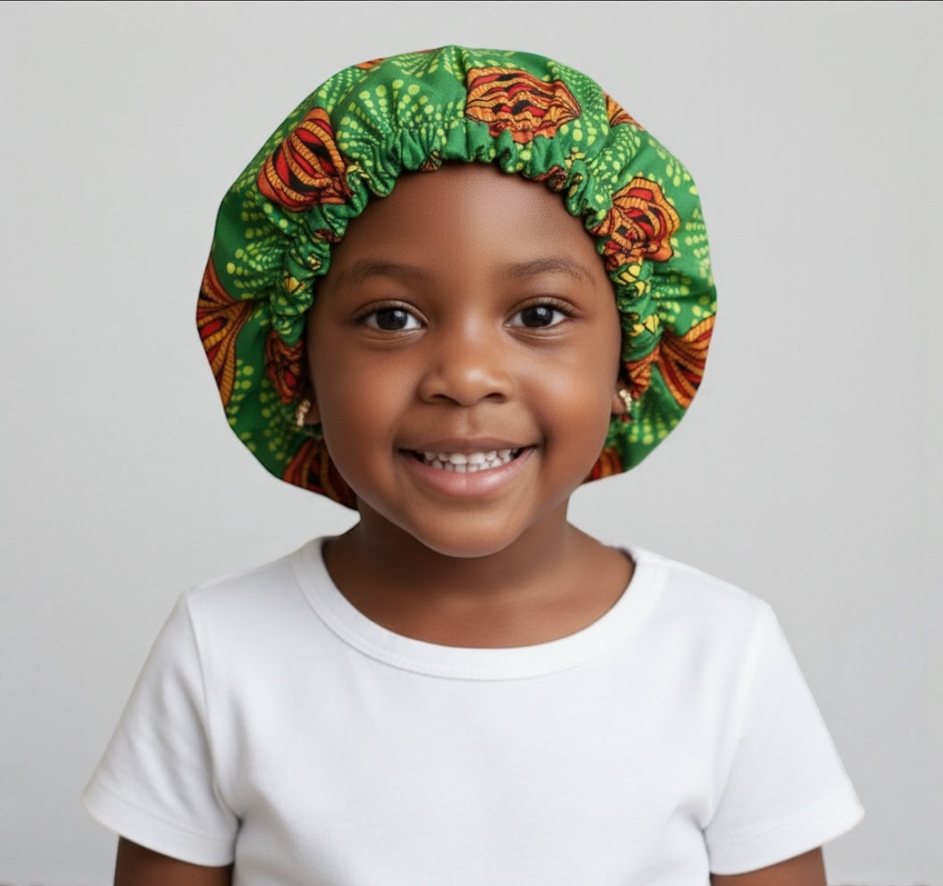 Kids Reversible Satin Silk Bonnet – Ankara Print Sleep Cap (Ages 1–5) - Fatisha Boutique #