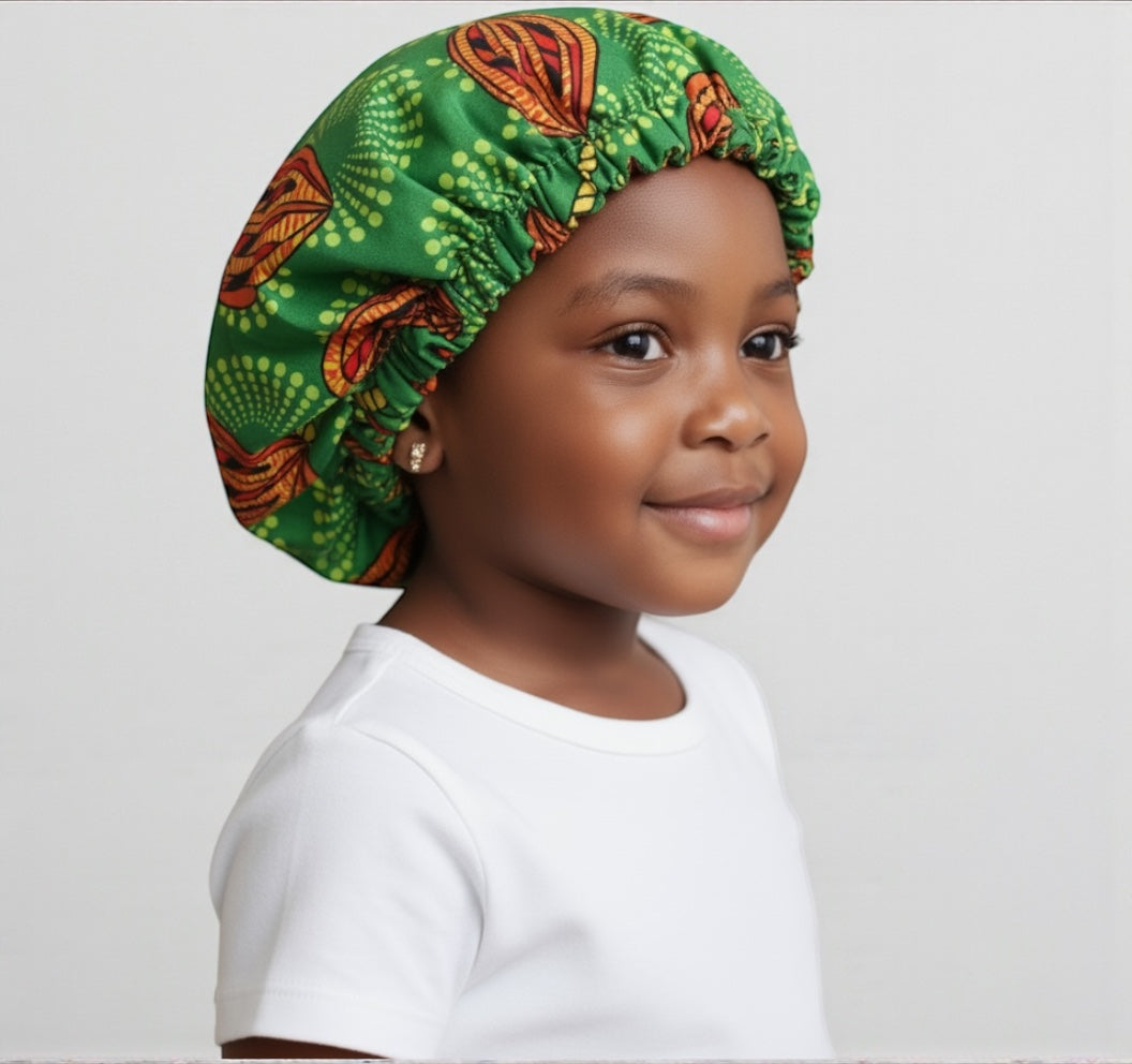 Kids Reversible Satin Silk Bonnet – Ankara Print Sleep Cap (Ages 1–5) - Fatisha Boutique #