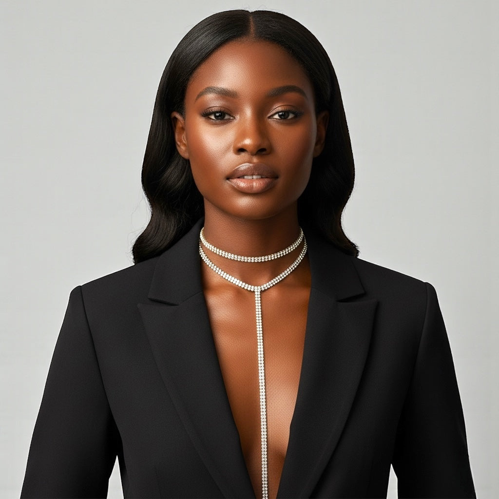 Crystal Rhinestone Tassel Choker Necklace – Double Layered Statement Chain for Women - Fatisha Boutique #