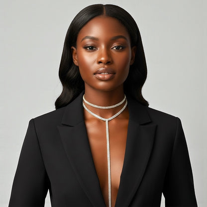 Crystal Rhinestone Tassel Choker Necklace – Double Layered Statement Chain for Women - Fatisha Boutique #