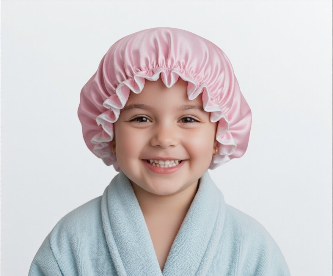 Kids Luxury Satin Shower Bonnet – Double-Layered Silk Cap for Hair Protection (1–5 Years) - Fatisha Boutique #