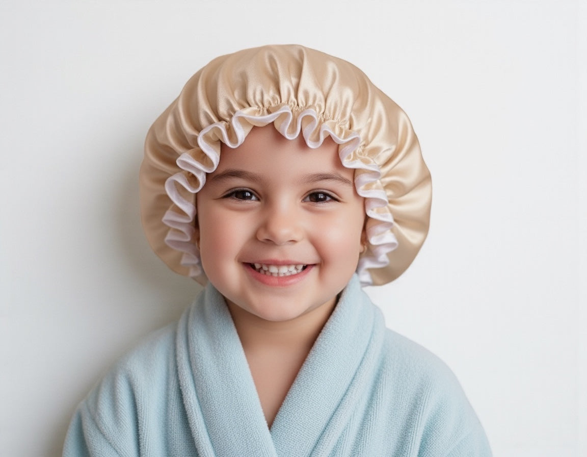 Kids Luxury Satin Shower Bonnet – Double-Layered Silk Cap for Hair Protection (1–5 Years) - Fatisha Boutique #
