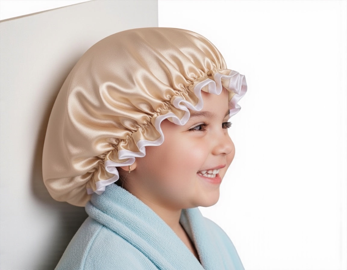 Kids Luxury Satin Shower Bonnet – Double-Layered Silk Cap for Hair Protection (1–5 Years) - Fatisha Boutique #