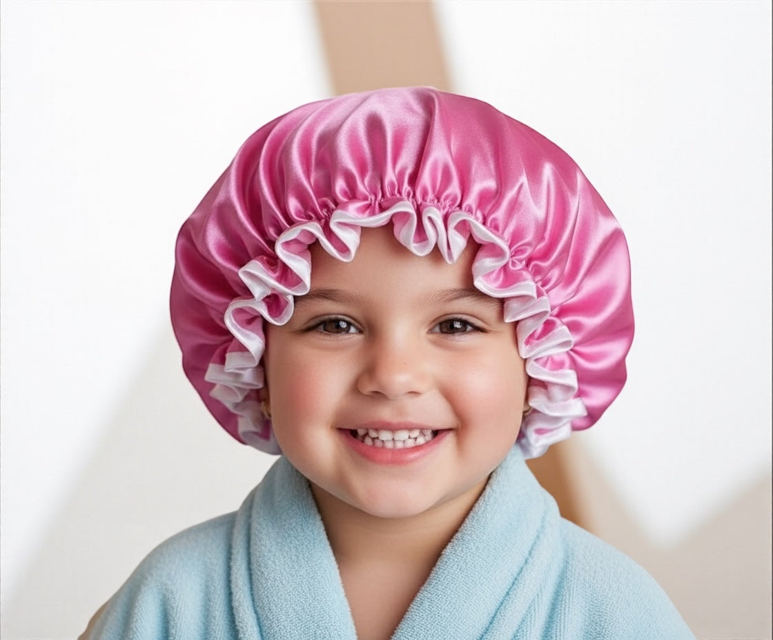Kids Luxury Satin Shower Bonnet – Double-Layered Silk Cap for Hair Protection (1–5 Years) - Fatisha Boutique #