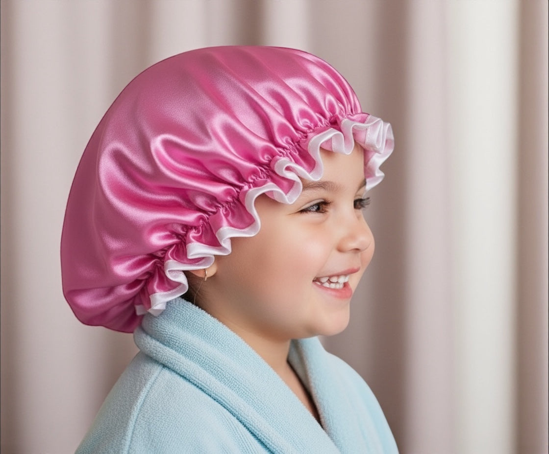 Kids Luxury Satin Shower Bonnet – Double-Layered Silk Cap for Hair Protection (1–5 Years) - Fatisha Boutique #