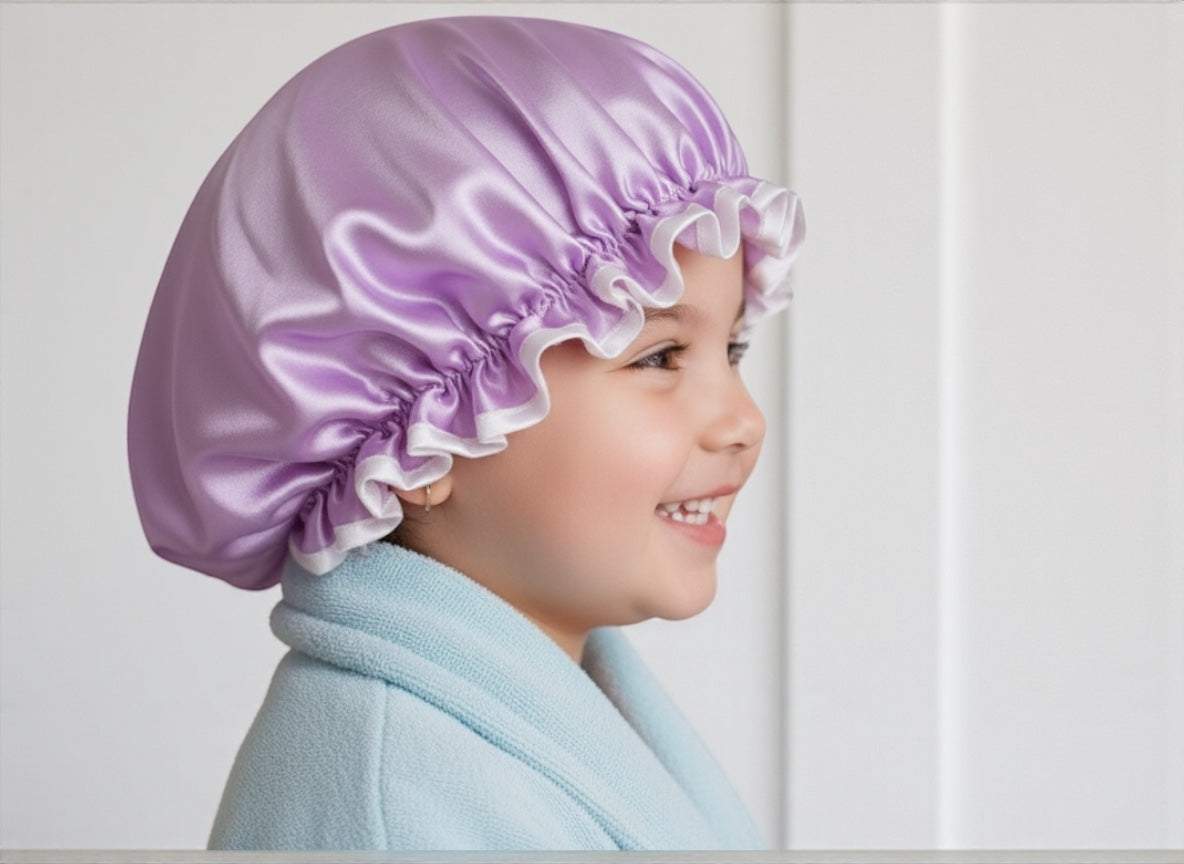 Kids Luxury Satin Shower Bonnet – Double-Layered Silk Cap for Hair Protection (1–5 Years) - Fatisha Boutique #
