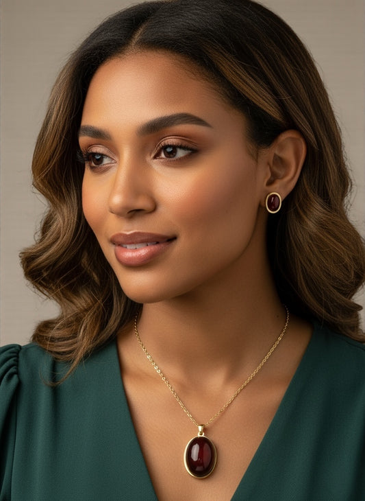 Elegant Gold & Silver Stainless Steel Oval Pendant Necklace & Stud Earrings Set – Minimalist Gift Jewellery - Fatisha Boutique #