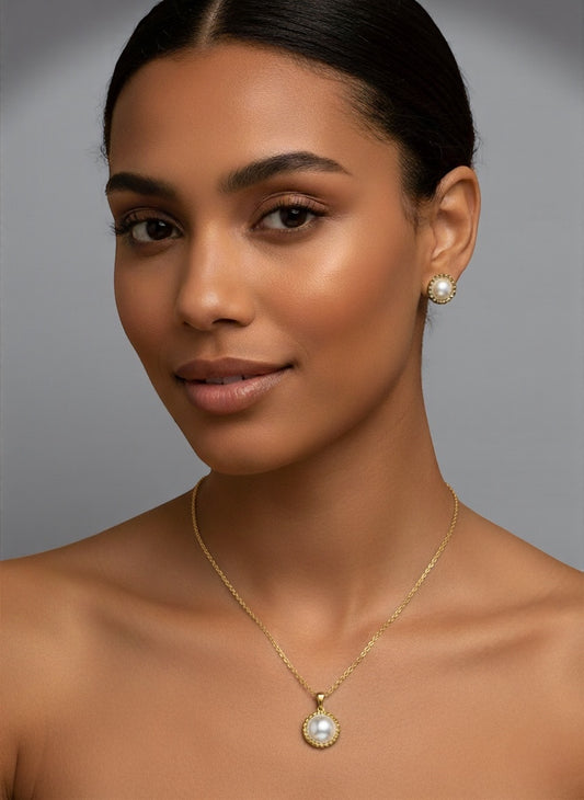 Elegant Pearl-Inspired Jewellery Set – Stainless Steel Necklace & Stud Earrings in Gold & Silver - Fatisha Boutique #