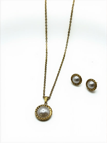 Elegant Pearl-Inspired Jewellery Set – Stainless Steel Necklace & Stud Earrings in Gold & Silver - Fatisha Boutique #
