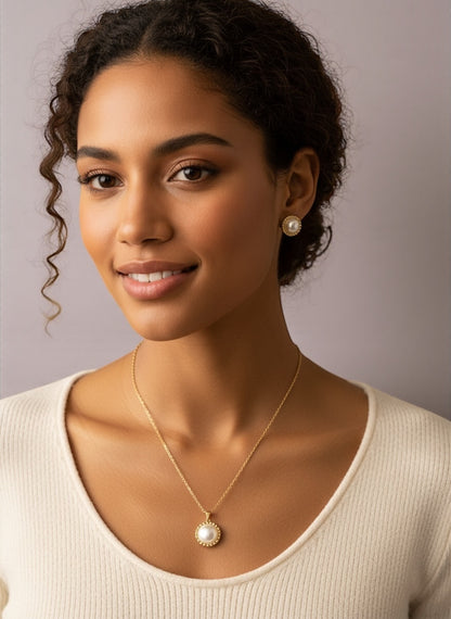 Elegant Pearl-Inspired Jewellery Set – Stainless Steel Necklace & Stud Earrings in Gold & Silver - Fatisha Boutique #