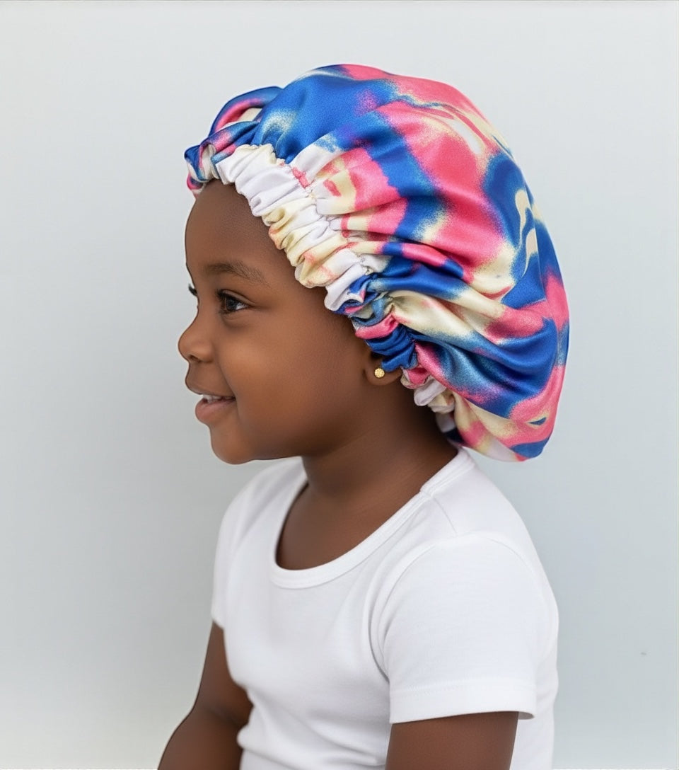 Kids Adjustable Satin Silk Bonnet Cap - Double Layer Tie-Dye Silk Sleep Hat - Fatisha Boutique #