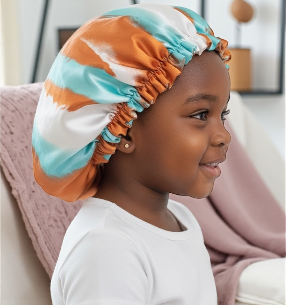 Kids Adjustable Satin Silk Bonnet Cap - Double Layer Tie-Dye Silk Sleep Hat - Fatisha Boutique #