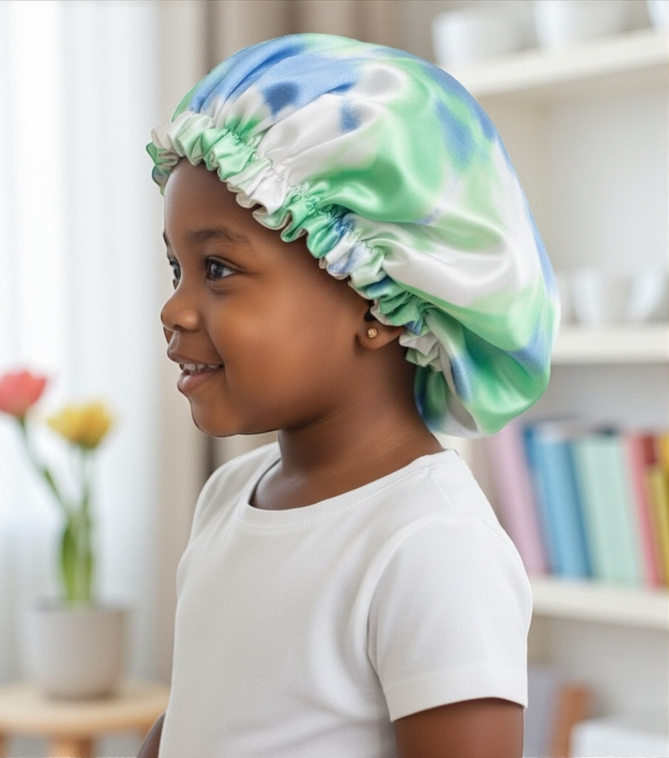 Kids Adjustable Satin Silk Bonnet Cap - Double Layer Tie-Dye Silk Sleep Hat - Fatisha Boutique #