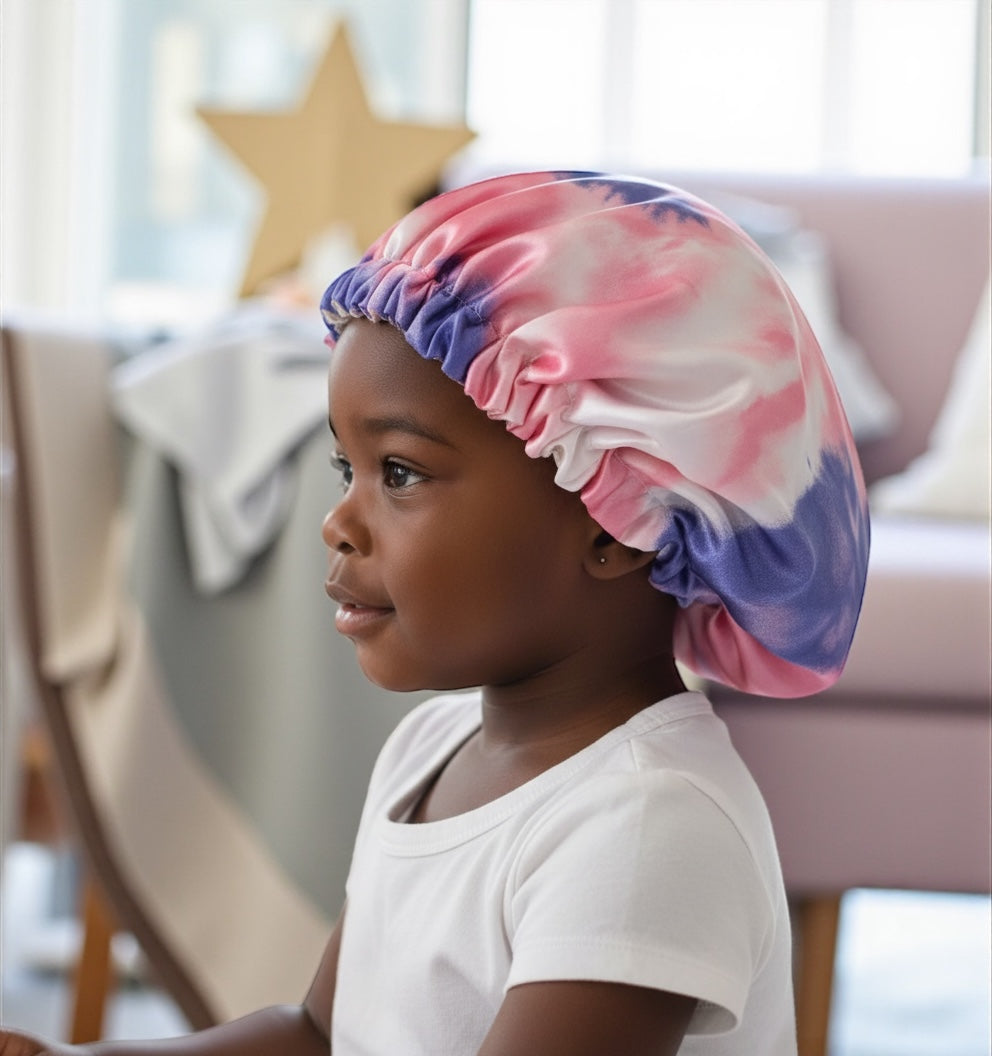 Kids Adjustable Satin Silk Bonnet Cap - Double Layer Tie-Dye Silk Sleep Hat - Fatisha Boutique #