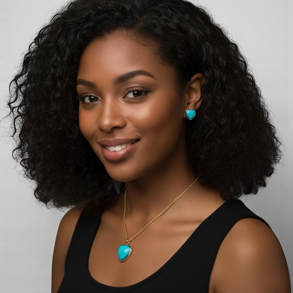 Turquoise Heart Jewellery Set – Gold & Silver Stainless Steel Necklace & Earrings - Fatisha Boutique #
