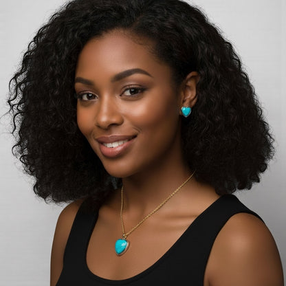 Turquoise Heart Jewellery Set – Gold & Silver Stainless Steel Necklace & Earrings - Fatisha Boutique #