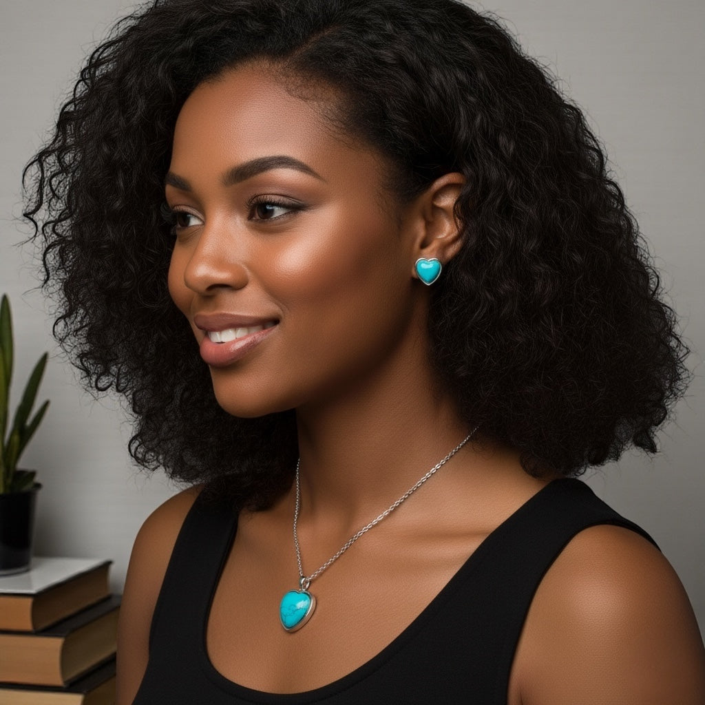 Turquoise Heart Jewellery Set – Gold & Silver Stainless Steel Necklace & Earrings - Fatisha Boutique #