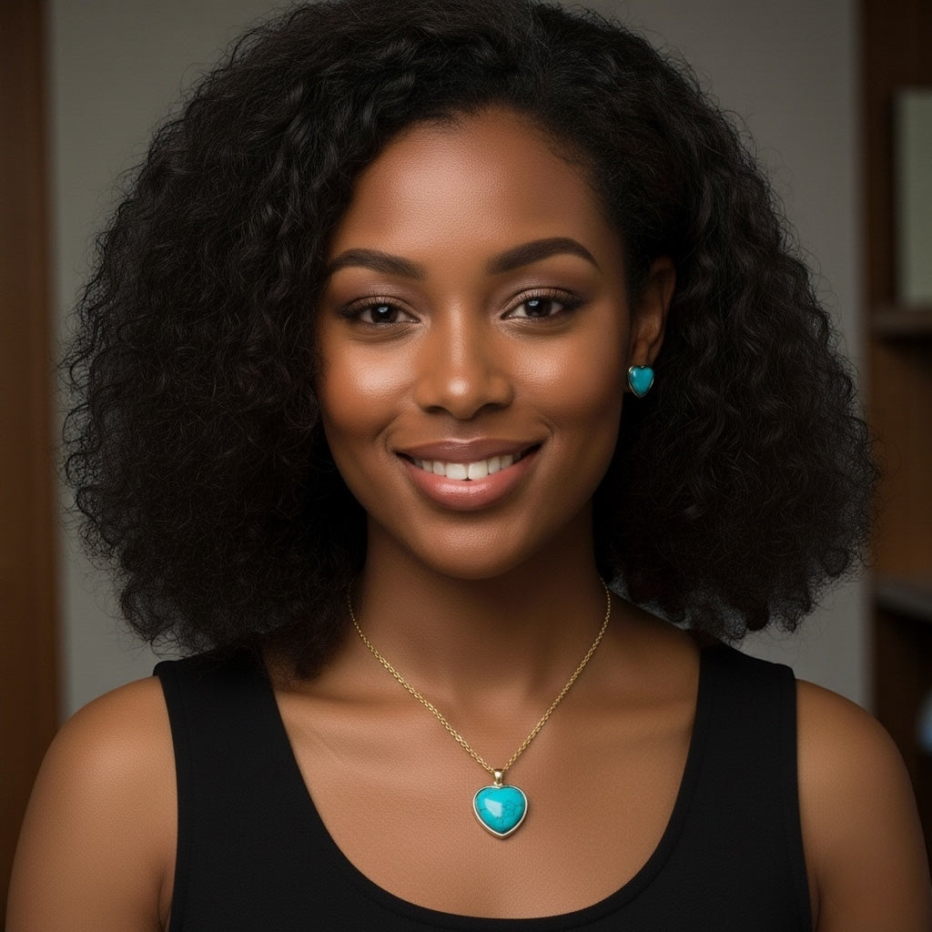 Turquoise Heart Jewellery Set – Gold & Silver Stainless Steel Necklace & Earrings - Fatisha Boutique #