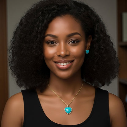 Turquoise Heart Jewellery Set – Gold & Silver Stainless Steel Necklace & Earrings - Fatisha Boutique #