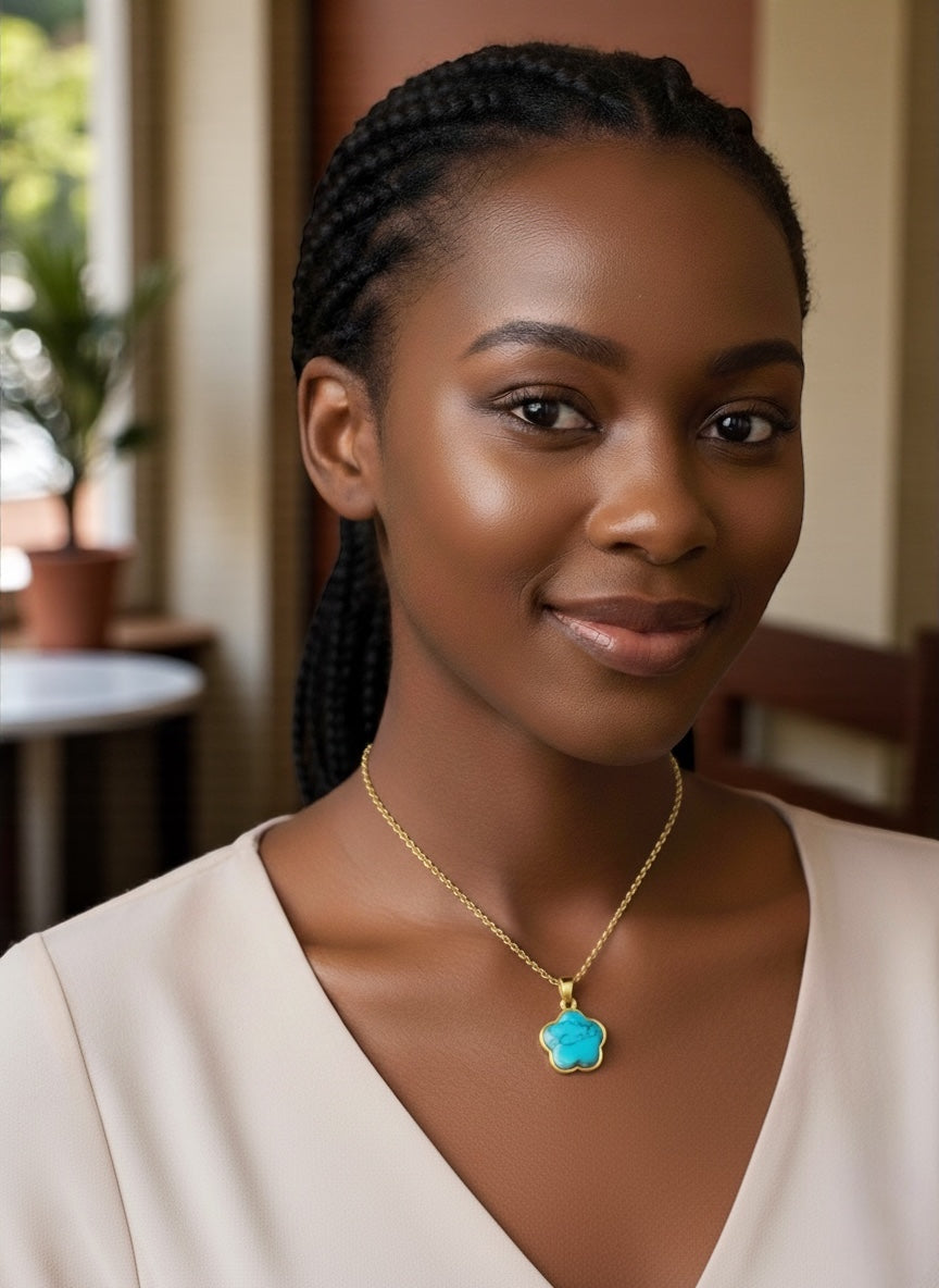 Turquoise Flower Pendant & Earring Set – Stainless Steel, Gold or Silver Plated, Elegant Gift for Women - Fatisha Boutique #