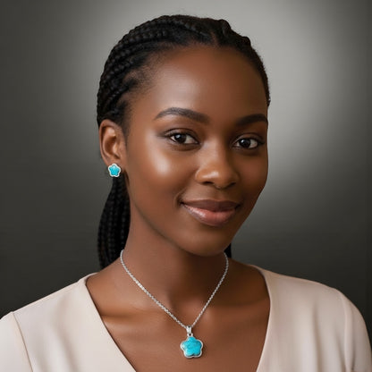 Turquoise Flower Pendant & Earring Set – Stainless Steel, Gold or Silver Plated, Elegant Gift for Women - Fatisha Boutique #