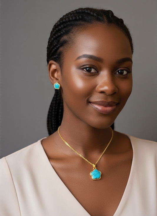Turquoise Flower Pendant & Earring Set – Stainless Steel, Gold or Silver Plated, Elegant Gift for Women - Fatisha Boutique #