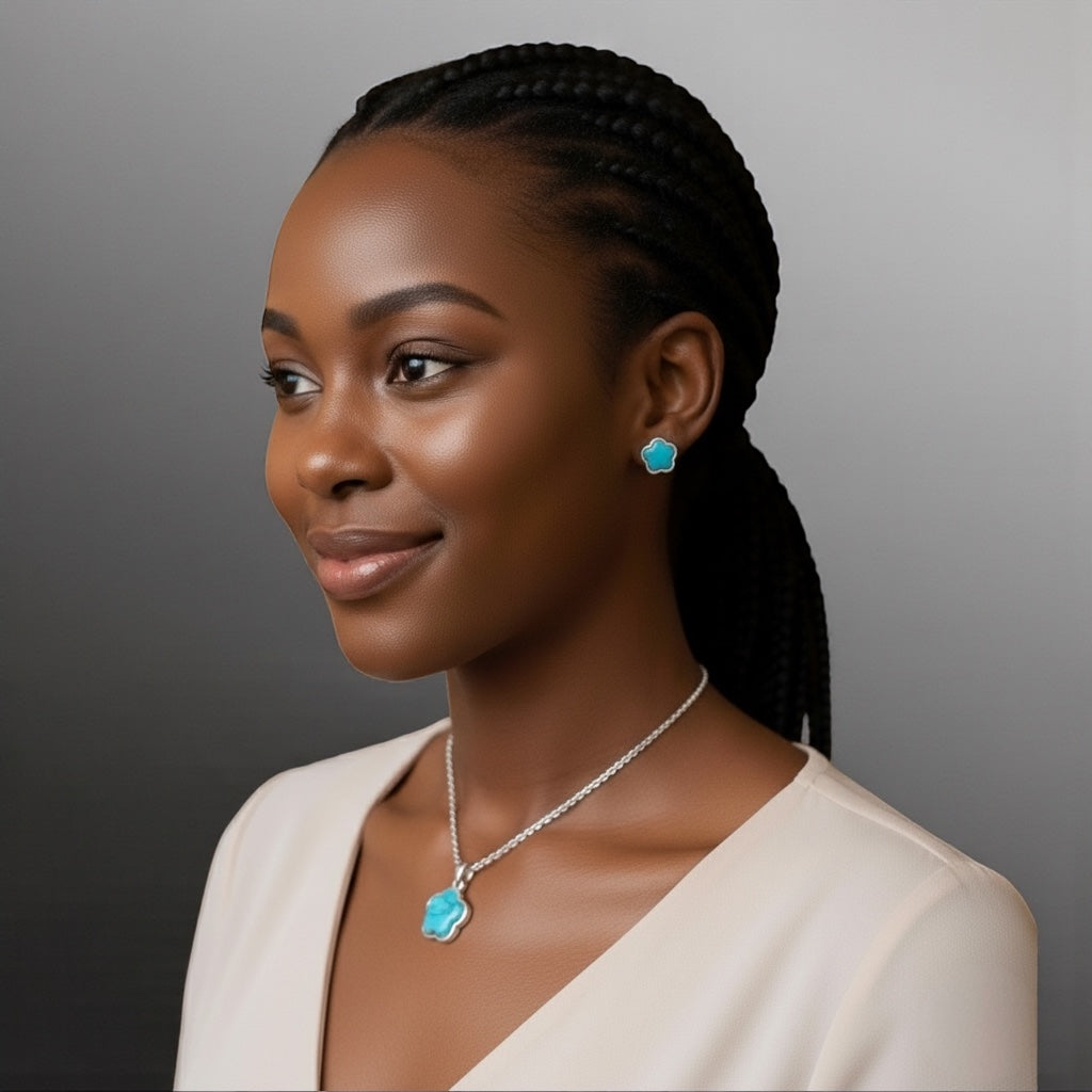 Turquoise Flower Pendant & Earring Set – Stainless Steel, Gold or Silver Plated, Elegant Gift for Women - Fatisha Boutique #