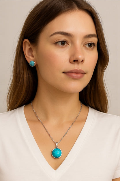 Turquoise Round Pendant Necklace & Stud Earrings Set – Gold & Silver Stainless Steel Jewellery, Elegant Gift for Women - Fatisha Boutique #