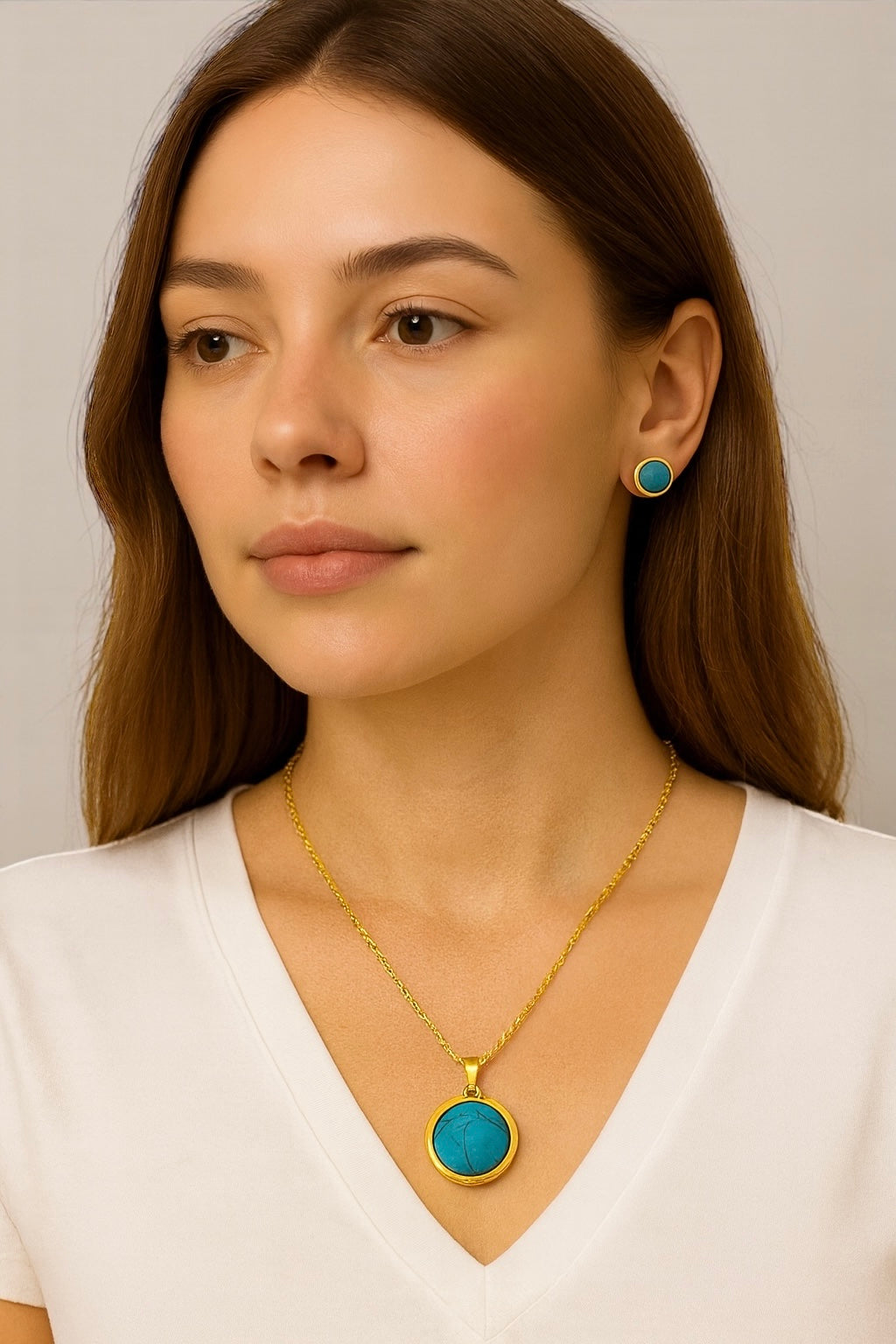 Turquoise Round Pendant Necklace & Stud Earrings Set – Gold & Silver Stainless Steel Jewellery, Elegant Gift for Women - Fatisha Boutique #