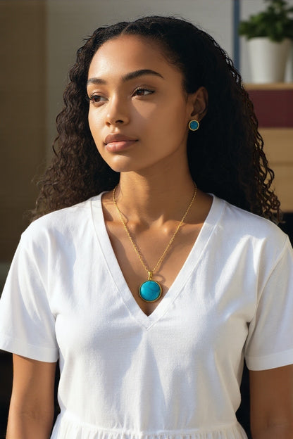 Turquoise Round Pendant Necklace & Stud Earrings Set – Gold & Silver Stainless Steel Jewellery, Elegant Gift for Women - Fatisha Boutique #