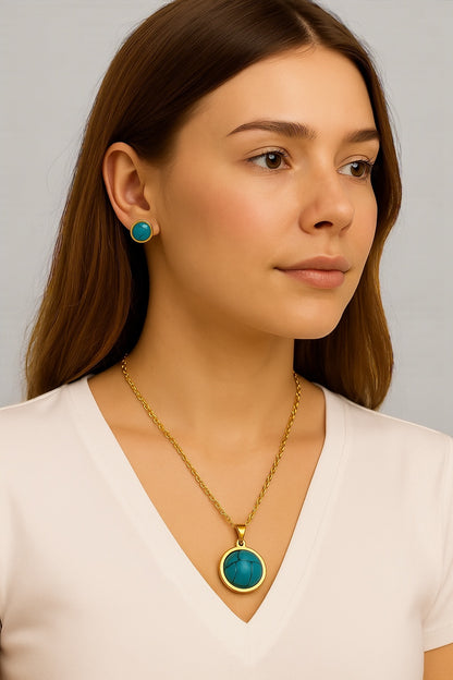Turquoise Round Pendant Necklace & Stud Earrings Set – Gold & Silver Stainless Steel Jewellery, Elegant Gift for Women - Fatisha Boutique #