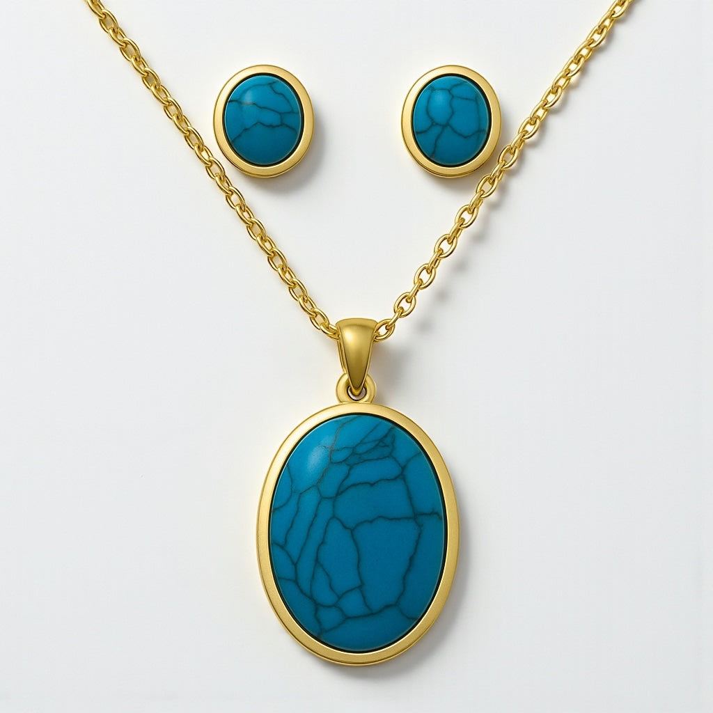 Oval Turquoise Pendant Necklace & Earring Set – Gold/Silver Stainless Steel Jewellery - Fatisha Boutique #