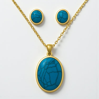 Oval Turquoise Pendant Necklace & Earring Set – Gold/Silver Stainless Steel Jewellery - Fatisha Boutique #