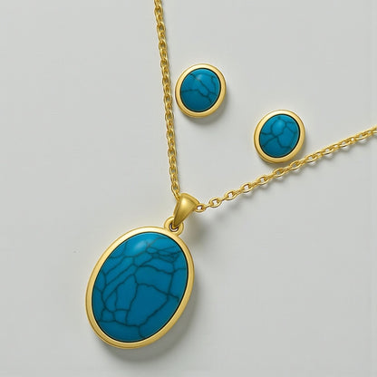 Oval Turquoise Pendant Necklace & Earring Set – Gold/Silver Stainless Steel Jewellery - Fatisha Boutique #