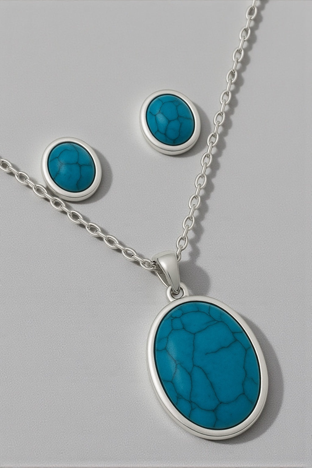 Oval Turquoise Pendant Necklace & Earring Set – Gold/Silver Stainless Steel Jewellery - Fatisha Boutique #