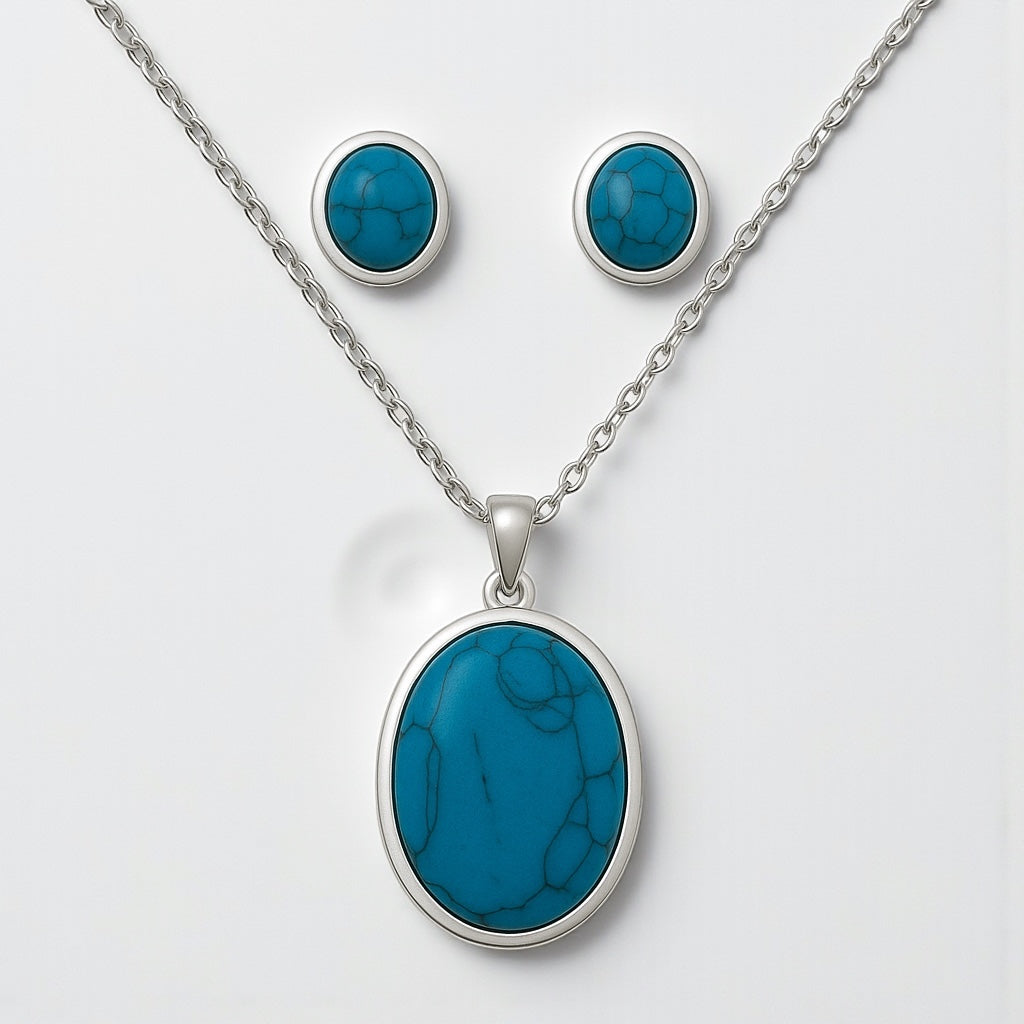 Oval Turquoise Pendant Necklace & Earring Set – Gold/Silver Stainless Steel Jewellery - Fatisha Boutique #