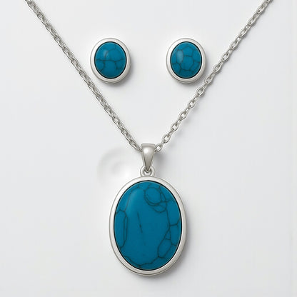 Oval Turquoise Pendant Necklace & Earring Set – Gold/Silver Stainless Steel Jewellery - Fatisha Boutique #
