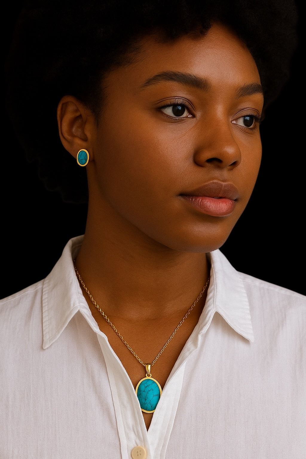 Oval Turquoise Pendant Necklace & Earring Set – Gold/Silver Stainless Steel Jewellery - Fatisha Boutique #